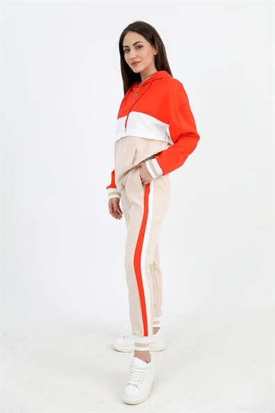 Üç Renk Fermuarlı Kapüşonlu Eşofman Takımı - Turuncu - Resim 4