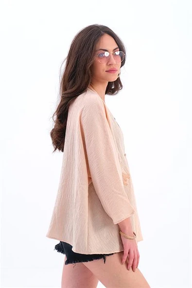 Keten Pul Payet Süzene Nakışlı Kimono - YavruAğzı - Resim 3