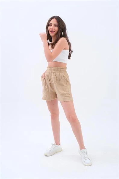 Püskül Detaylı Yıkamalı Müslin Şort - Vizon - Resim 3