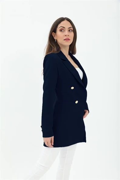 Omuzları Vatkalı Önü Çıtçıtlı Atlas Kumaş Kadın Blazer Ceket - Lacivert - 3