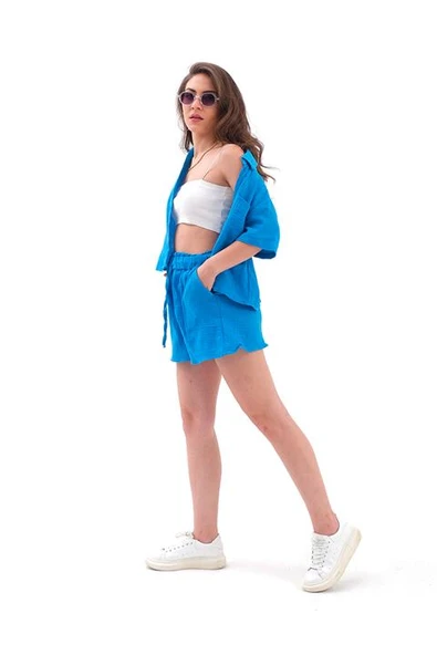 Takım Müslin Gömlek Şort - Mavi - Resim 4