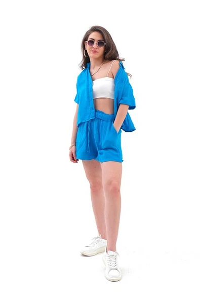 Takım Müslin Gömlek Şort - Mavi - Resim 2