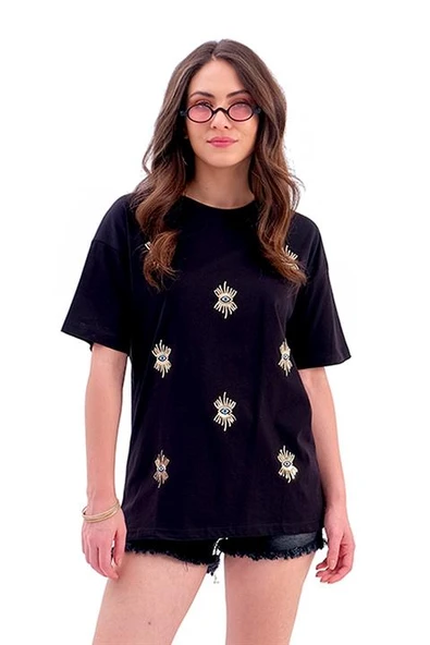 Göz Nakışlı Süprem Tişört - Siyah ürün görseli 1