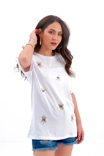 Göz Nakışlı Süprem Tişört - Ekru ürün görseli 1