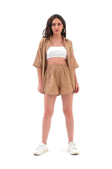 Pamuk Keten Şort Gömlek Kadın İkili Takım - Camel - Resim 3
