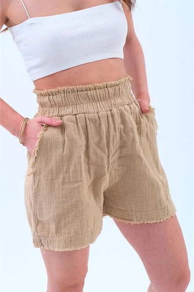 Püskül Detaylı Yıkamalı Müslin Şort - Vizon - Resim 2