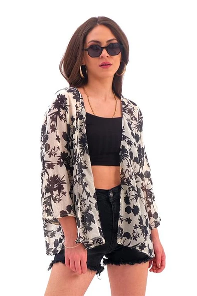 Çiçek Desenli Truvakar Kol Kimono - Siyah ürün görseli 1