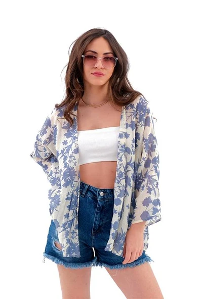 Çiçek Desenli Truvakar Kol Kimono - Mavi ürün görseli 1