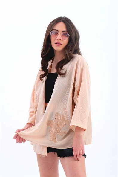 Keten Pul Payet Süzene Nakışlı Kimono - YavruAğzı ürün görseli 1
