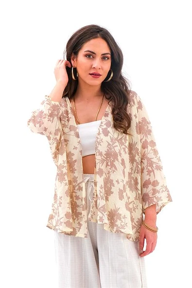 Çiçek Desenli Truvakar Kol Kimono - Kahve ürün görseli 1