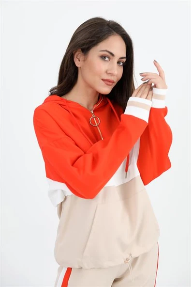 Üç Renk Fermuarlı Kapüşonlu Eşofman Takımı - Turuncu - Resim 5