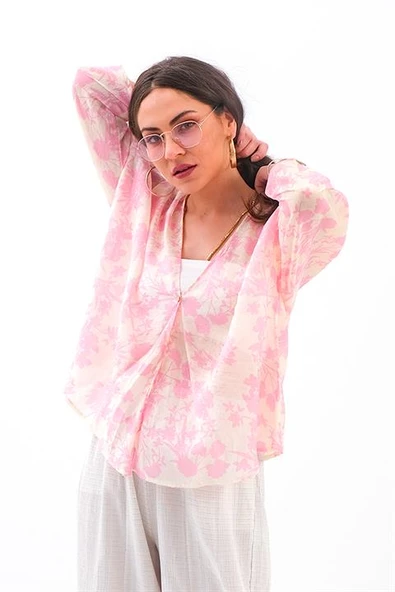 Çiçek Desenli Truvakar Kol Kimono - Pembe ürün görseli 1