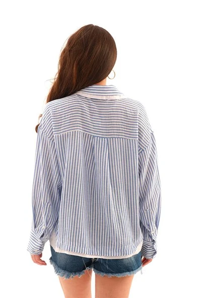 Poplin Garnili Çizgili Keten Gömlek - Mavi - Resim 6