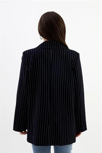 Blazer Ceket Çizgili Atlas Kumaş - Koyu Lacivert - Resim 4