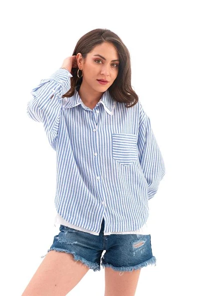 Poplin Garnili Çizgili Keten Gömlek - Mavi - Resim 4