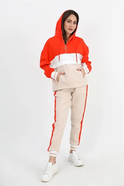 Üç Renk Fermuarlı Kapüşonlu Eşofman Takımı - Turuncu ürün görseli 1
