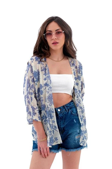 Çiçek Desenli Truvakar Kol Kimono - Mavi - Resim 3