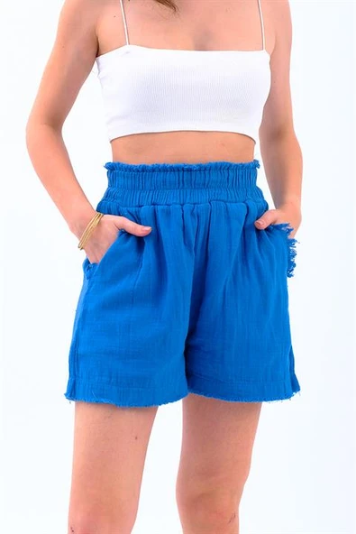 Püskül Detaylı Yıkamalı Müslin Şort - İndigo - Resim 2