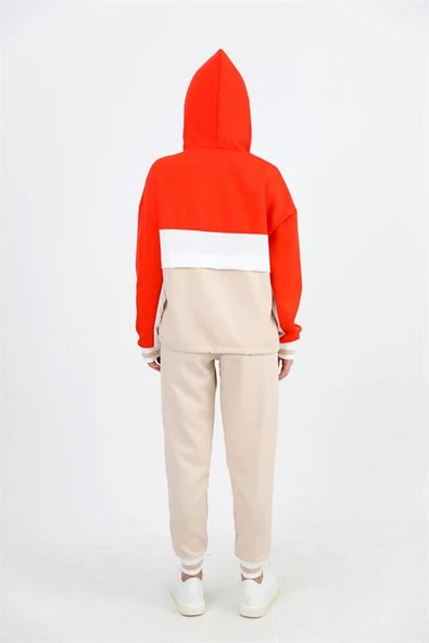 Üç Renk Fermuarlı Kapüşonlu Eşofman Takımı - Turuncu - Resim 8
