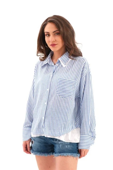 Poplin Garnili Çizgili Keten Gömlek - Mavi - Resim 5