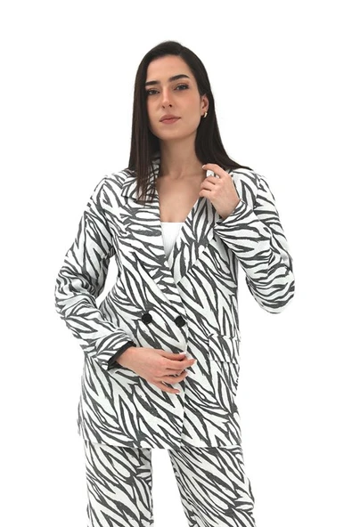 Zebra Desen Oversize Keten Ceket - Siyah ürün görseli 1