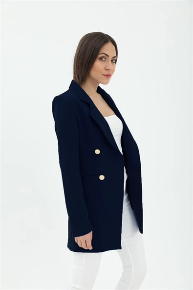 Omuzları Vatkalı Önü Çıtçıtlı Atlas Kumaş Kadın Blazer Ceket - Lacivert - 2