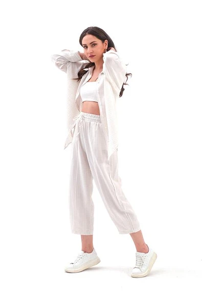 Krinkıl Kumaş Keten İkili Takım - Ekru - Resim 4