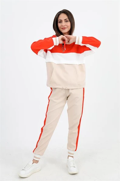 Üç Renk Fermuarlı Kapüşonlu Eşofman Takımı - Turuncu - Resim 2