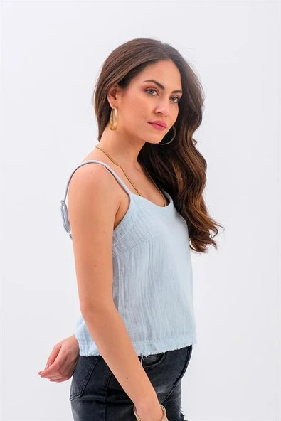 Ayarlanabilir Askılı Püskül Detaylı Bluz - Mavi - Resim 2