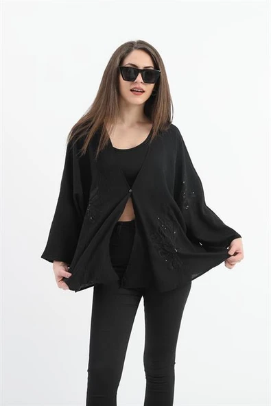 Keten Pul Payet Süzene Nakışlı Kimono - Siyah ürün görseli 1