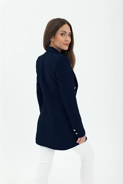 Omuzları Vatkalı Önü Çıtçıtlı Atlas Kumaş Kadın Blazer Ceket - Lacivert - 4