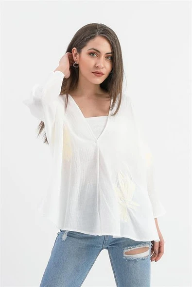 Keten Pul Payet Süzene Nakışlı Kimono - Ekru ürün görseli 1