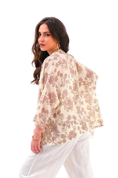 Çiçek Desenli Truvakar Kol Kimono - Kahve - Resim 4