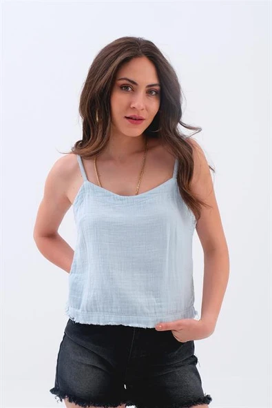 Ayarlanabilir Askılı Püskül Detaylı Bluz - Mavi - Resim 4