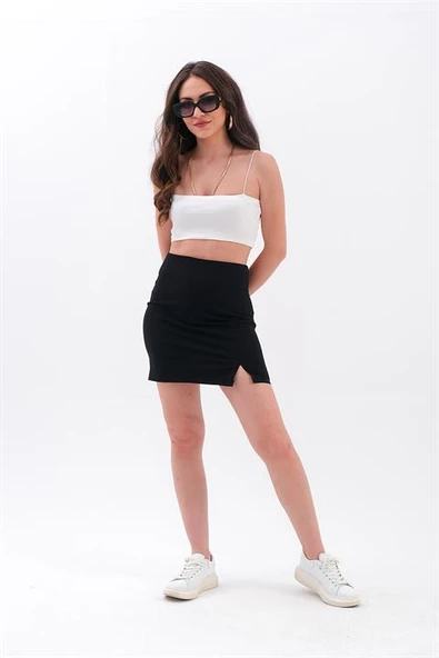 Yırtmaç Detaylı Yandan Fermuarlı Poliviskon Etek - Siyah - Resim 3