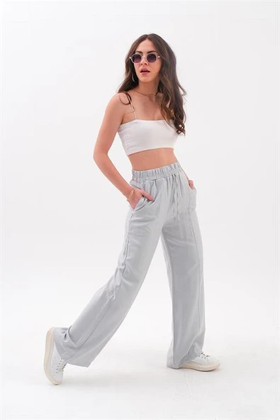 Önü Çimalı Diyagonal Pantolon - Gri ürün görseli 1