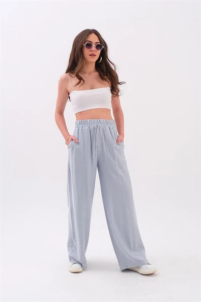 Önü Çimalı Diyagonal Pantolon - Mavi - Resim 3