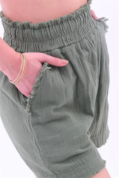 Püskül Detaylı Yıkamalı Müslin Şort - Haki - Resim 3