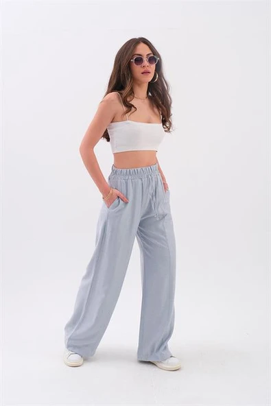 Önü Çimalı Diyagonal Pantolon - Mavi - Resim 2