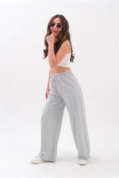 Önü Çimalı Diyagonal Pantolon - Gri - Resim 3