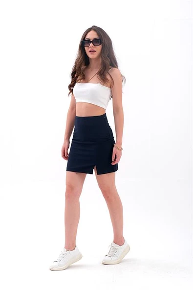 Yırtmaç Detaylı Yandan Fermuarlı Poliviskon Etek - Siyah - Resim 2