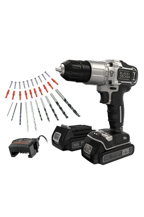 Black+Decker Silver Series BDCHD18SC2K-QW 18V 1.5Ah Çift Batarya Darbeli Matkap + Aksesuar (Kitbox)