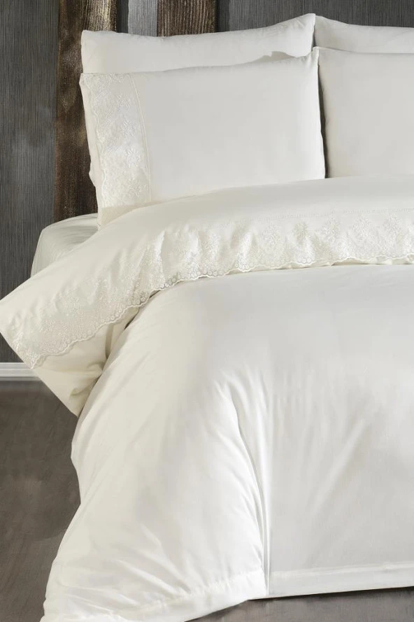 Fransız Dantelli Suna Çeyizlik Nevresim Takımı Krem ürün görseli