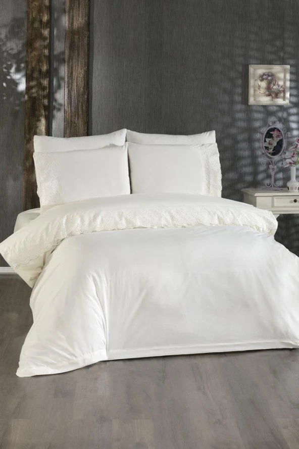 Fransız Dantelli Suna Çeyizlik Nevresim Takımı Krem - Resim 2