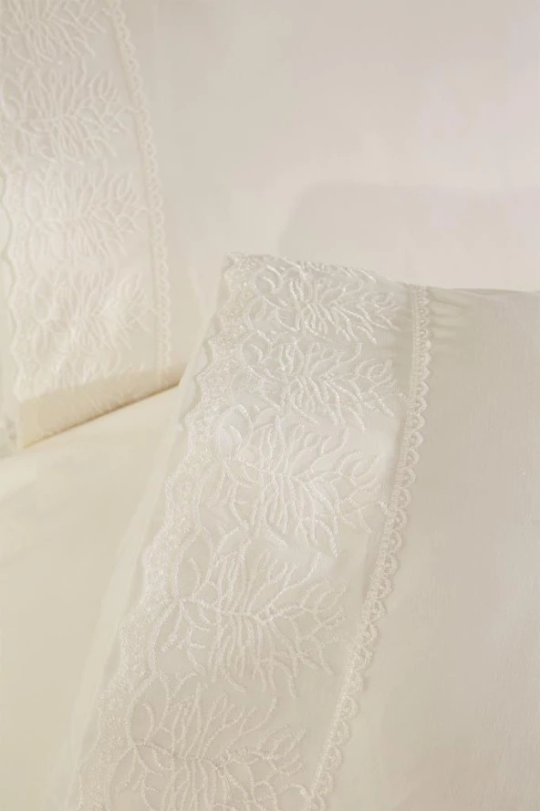 Fransız Dantelli Suna Çeyizlik Nevresim Takımı Krem - Resim 7