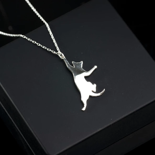 925 Ayar Gümüş Uzanan Kedi Kolye Özel Tasarım - Resim 2
