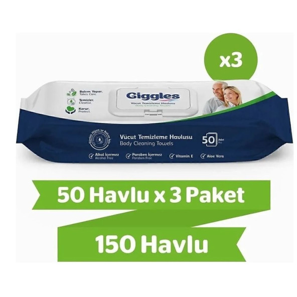 giggles Vücut Temizleme Havlusu 50'li 3 Paket 150 Havlu