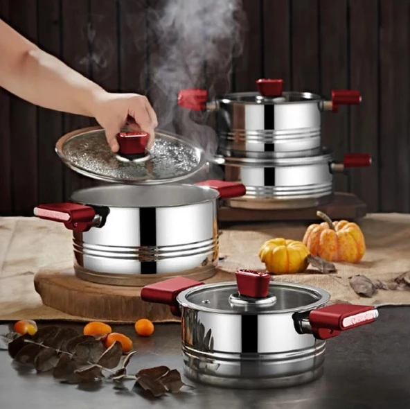 OMS Silindir 8 Parça Çelik Tencere Seti Kırmızı 1129