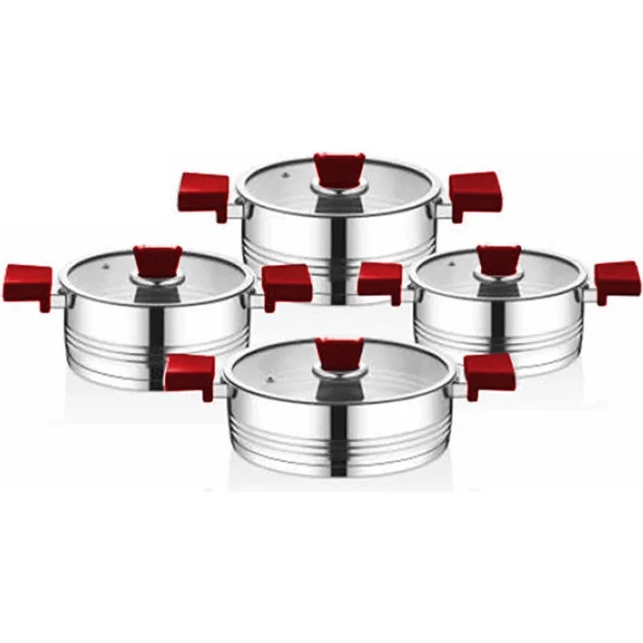 OMS Silindir 8 Parça Çelik Tencere Seti Kırmızı 1129 - 2