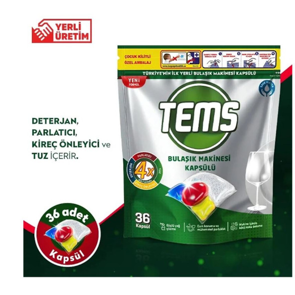 tems 4 ETKİLİ BULAŞIK MAKİNESİ KAPSÜL DETERJANI 36'LI